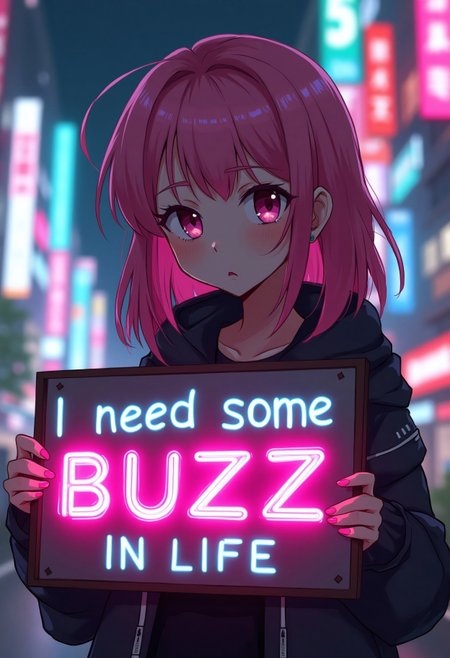 A anime photo of young girl with pink hair and a pouting look on her face in a futuristic tokyo neon cityscape. She is holding a sign with BOLD letters that says "I need some Buzz in my life" in bright neon letters contrasting against the dark colors of the sign. The bright lights contrast the dark dingey parts of the cityaaa