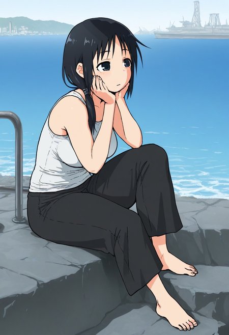 (Ahemaru:1.0), masterpiece, best quality, sitting, 1girl, (chito \(girls last tour\), black hair, short hair, bangs, black eyes, white tank top, bare shoulders, black pants, barefoot, (medium breasts), hand on cheek, nails, (industrial background), sea, (day:1.1)