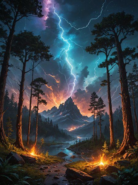 In a mesmerizing digital painting, A large space and below there is a fire in a open forest and a giant storm  emerges, radiating vibrant bioluminescent hues against the dark expanse of space. Its otherworldly form is a symphony of colors, with scales that shimmer like precious gems and intricate patterns that seem to dance with life. Luminescent lightning extend from its body, illuminating its surroundings with an ethereal glow. showcasing its celestial beauty in stunning high-definition.
<lora:xl_more_art-full_v1:0.35> <lora:add-detail-xl:1> ,best quality, high resolution, extreme detail, outstanding perfect composition, masterpiece,