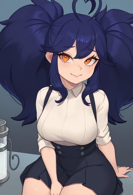 masterpiece, best quality,1girl,sitting, medium breasts, shortstack,sidelocks,big hair,heart antenna hair,dark blue hair, orange eyes,stringer,suspender skirt,laboratory    <lora:metal owl (aden12)-Style-vpred-glora-V1.1:1>