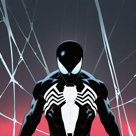 <lora:SPIDERMAN_CBS:1> spiderman_cbs, solo, looking at viewer, blue eyes, 1boy, upper body, male focus, muscular, mask, bodysuit, glowing, muscular male, animal print, glowing eyes, skin tight, toned, arms at sides, black bodysuit, toned male, blank eyes, superhero, silk, spider web, spider web print, spider, two-tone bodysuit, detailed background, motion blur, film grain, abstract, natural lighting, fantasy, cinematic, dynamic view, tilted angle, very awa, masterpiece, best quality, absurdres, newest, perfect quality, detailed background, intricate details,  (artist:fl \(l-fl\):0.7), (artist:tooboshoo:0.7), (artist:dizdoodz:0.8)