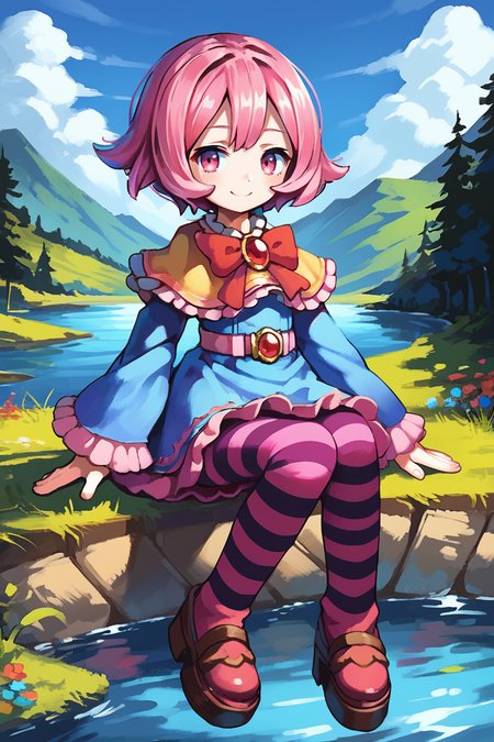 score_9, score_8_up, score_7_up, source anime, <lora:Sae:0.80> , saebase, saedef, 1girl, pink eyes, pink hair, short hair, pink eyes, yellow capelet, pendant, gem, red gem, red bowtie, dress, blue dress, frilled dress, layered dress, striped, horizontal-striped thighhighs, striped thighhighs, pantyhose, wide sleeves, long sleeves, frilled sleeves, pink belt, purple ribbons, orbs, platform footwear, arms at sides, smile, looking at viewer, full body, solo, (sitting), BREAK, outdoors, exterior, day, river in background, overlook, scenery, <lora:backgroundsetXL:0.2> , background, <lora:KawaiiArtstylePonyXL:0.45>