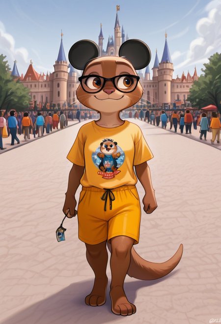 zPDXL, score_9, score_8_up, score_7_up, score_6_up, score_5_up, score_4_up,source_cartoon, best quality, amazing quality, masterpiece, best quality, newest, highres, very awa, solo, Sam, Sam Otter, SamZootopia, holding, 1girl,  furry female, mature female, fullbody, tall, thin, brown and light tan fur, tail, animal ears, glasses, pretty animal face, otter whiskers, perfect face and eyes, smile, peaceful smile, wearing mickey ears, fake mickey mouse ears, colorful orange beach shirt, small breasts, colorful yellow beach shorts, walking, holding mickey ballons, outdoors, disneyland, disney world, disneyland background, Disney Castle,  <lora:SamOtterZootopia:1 <lora:disney:0.7>,disneyland,1