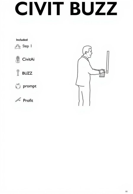 This is a product catalog page for a product designed by IKEA. The image is a digital illustration in black and white of a man using a computer, providing a detailed view of the product sheet. The product name "CIVIT BUZZ" is written in bold, capitalized letters at the top of the image. 
To the left of the image, there are four items illustrated as included:
Step 1: CivitAi
Step 2: BUZZ
Step 3: prompt
Step 4: Profit
<lora:IKEA_Instructions_Style_FLUX:0.8>