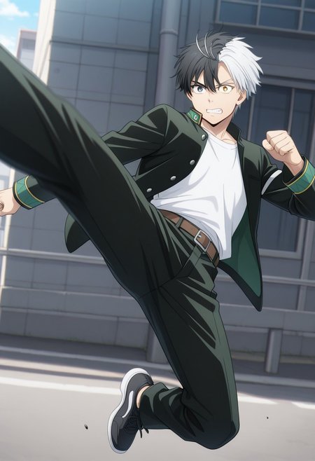 masterpiece,best quality,amazing quality, source_anime, 
sakuharuka, 1boy, male focus, solo, heterocromia, grey eyes, yellow eyes, split-color hair, black hair, white hair, school uniform, jacket, black jacket, open jacket, shirt, white shirt, belt, pants, black pants, shoes, sneakers, black footwear, outdoor, teeth, kicking,