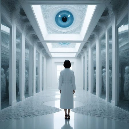 The Duplicated: A brightly lit, sterile white room devoid of any features except for a single figure standing in the center. As the camera slowly pans around them, we discover multiple copies, identical in every way, spaced equidistantly throughout the room. Each copy mirrors the original's movements perfectly, but the sheer number of them, coupled with the clinical environment, creates a chilling sense of unease. Their eyes are lifeless, and their expressions are cold, as if trapped in an endless cycle. Are they reflections, clones, or something more sinister? The atmosphere distorts with malevolent geometry, forced perspective, and impossible architecture, evoking a sense of cosmic horror. All framed in the style of Ayami Kojima, with intricate and unsettling details intertwined with impossible architecture and grotesque anatomical features, more detail XL