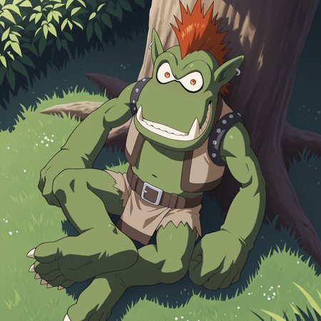  2d, solo, male, Goblimon, humanoid, digimon (creature), red hair, orange eyes, teeth, mohawk, green skin, pointy ears, large fangs, claws, toe claws, single ear piercing, sleeveless, light brown vest, open vest, belt, light brown loincloth, 

BREAK grinning, legs crossed, relaxed, lying on back, forest, bushes, from above, against tree, grass, 

BREAK best quality, amazing quality, very aesthetic, absurdres, newest, masterpiece, high quality