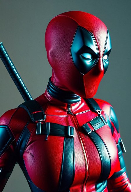 A hyper-realistic depiction of a single woman, focusing on her upper body, dressed in a meticulously detailed Deadpool costume, complete with vibrant red and black hues, accentuated by subtle, dramatic lighting that highlights the texture and folds of the suit, set against a muted, dark background to emphasize the subject's striking appearance, captured from a slightly overhead angle to convey a sense of power and confidence.