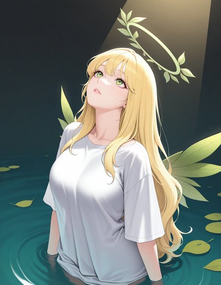 <lora:ëª¨ë¹ë:0.25>, <lora:KoreanStyleSDXLvpred10:0.25>, aikoreanstyle, korean, asian, <lora:ABBB(ah-lyong_lee)-artist-illustrious v01:0.25>, abbb, (kidmo:0.25), 
masterpiece, best quality, ultra-detailed, absurdres, newest, volumetric lighting, available light, 
1girl, solo, long hair, looking up, oversized shirt,green eyes, leaf, bangs,water,torns,leaf halo,green halo,angel,leaf wings, dynamic angle, mature spirit