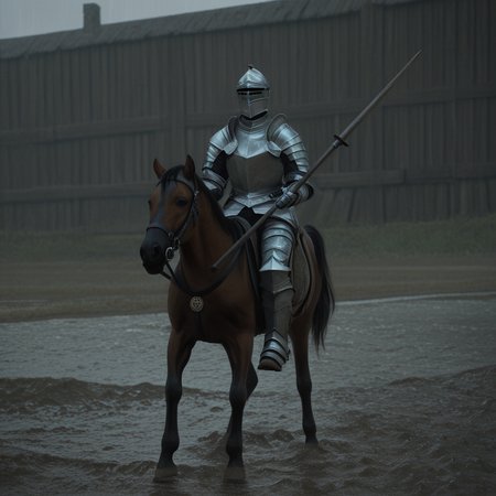 masterpiece, best quality, amazing quality, very aesthetic, high resolution, ultra-detailed, absurdres, scenery, photorealistic, Prompt, BREAK, depth of field, photorealistic details, volumetric lighting,source_photo,solo,1boy,knight,armor,horse,riding horse,holding lance,outdoors,medieval village,thatch rooves,wooden buildings,helmet,rain,mud,clouds