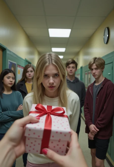 masterpiece.A haunting reminder of an unwelcome student, reliving a heart-wrenching scene at a high school hallway. A pov hand reaches out to offer a Valentine's Day gift to a cute blonde  student girl .
(She is digsusted) and rejects the gift, backing up with disgust and putting her hands in her back, grimace,annoyed. Behind her, her friends (smirk defiantly at the camera).  clock on the wall,  .
low angle