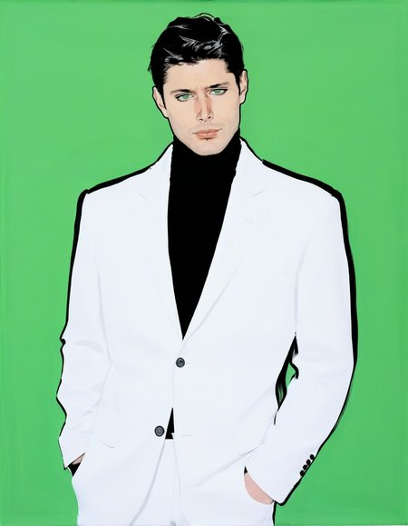 japanese line painting of de4n man, male, slutty, <lora:RG2:1.2>in the style of rene gruau, vogue, illustration, style, minimalistic>, dynamic pose, black turtleneck, white jacket,  looking down at viewer <lora:de4n-niji-00-000008:1>, turning around, dreamy green eyes, white background