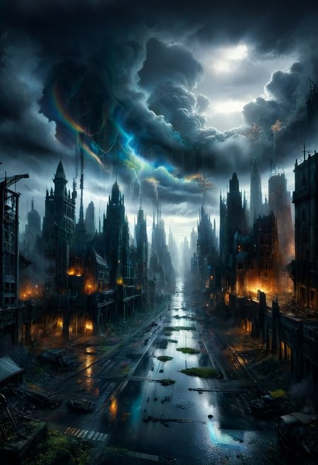 dark, low-key, hvrn, heavy rain,
A detailed dramatic illustration of a dark fantasy city, with grey color dark magic splash, rainbow in the sky, rainbow over a dark fantasy city, heavy rain, dark gothic, 3D Vector Art, fantasy art, watercolor effect, bokeh, Adobe Illustrator, hand-drawn, digital art, isometric style, retro aesthetic, focused on the character, 4K resolution, photorealistic rendering, using cinema 4D, view from above, 
Wide range of colors., Dramatic,Dynamic,Cinematic,Sharp details
Insane quality. Insane resolution. Insane details. Masterpiece. 32k resolution.
dvr-lnds-sdxl, ral-apoctvisn, zavy-rmlght,