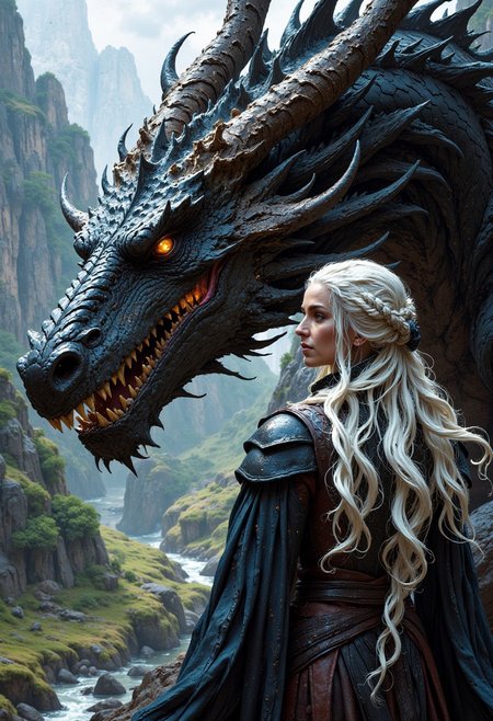FluxEpicDragon, In a strikingly detailed, Daenerys Targaryen and her dragon come to life in vivid realism. The Mother of Dragons radiates power and beauty, her silver hair flowing gracefully as she commands her majestic, scaled companion. This awe-inspiring scene, likely a masterfully crafted painting, captures every minute detail of Daenerys and her dragon, from the glint of their scales to the intensity of their gaze. The image is truly ultra-realistic, immersing viewers in the fantasy world of Westeros with unprecedented clarity and depth.