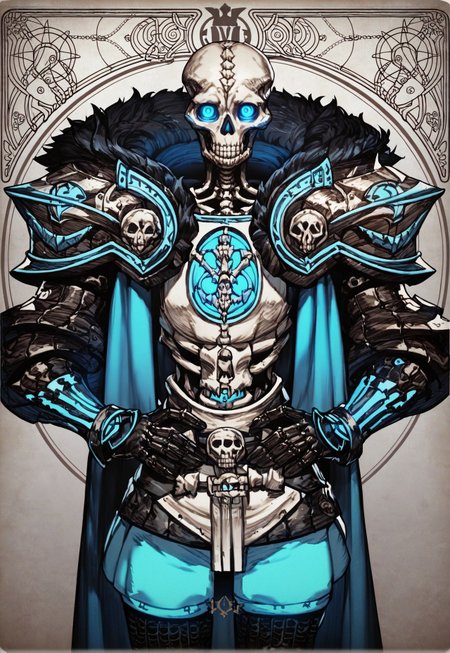 (score_9, score_8_up, score_7_up), score_6_up, front view, score_5_up, (vocidcharcard, ornate border), (skeleton), bones, skull, armor, blue glowing eyes, armor adorned with bones, (symmetry), hands on hips