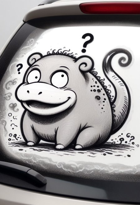 w4shm3, car, doodle, 1boy, solo, slowpoke, question marks, outline, simple, monochrome