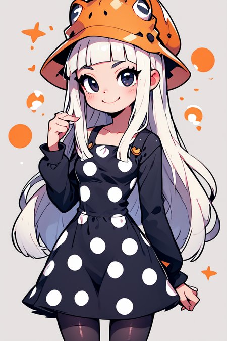 score_9, score_8_up, score_8, medium breasts, (curvy), cute, eyelashes,       BREAK, , zzEruka, black eyes, white hair, blunt bangs, long hair, orange hat, polka dot dress, black dress, black sleeves, pantyhose,    <lora:ErukaFrog_SoulEater_PDXL_v2:1.0>, , BREAK, smile, looking at viewer, cowboy shot, ,,, embedding:zPDXL, Expressiveh, ,,, <lora:CuteToonPDXL:0.8>, <lora:SDXLFaeTastic2400:0.5>, <lora:Expressive_H-000001:0.4>,