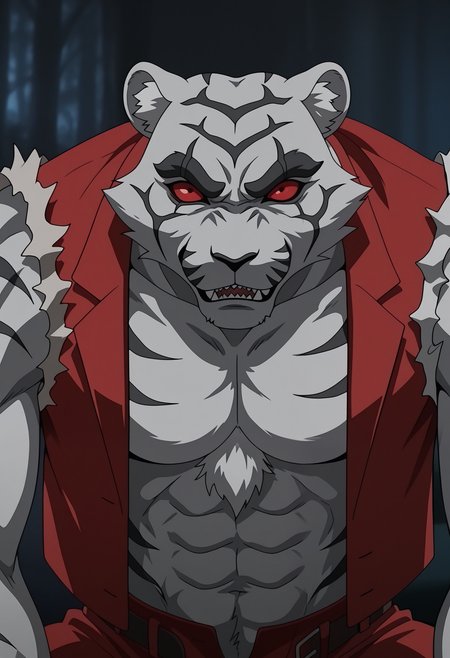 masterpiece,best quality,amazing quality, 1boy, solo, by4kk0, tiger boy, white fur, tiger stripes, colored sclera, no pupils, fur-trimmed open red vest, smirk,