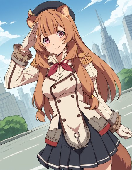 score_9, score_8_up, score_7_up, source_anime, <lora:raphtalia-s3-ponyxl-lora-nochekaiser:1>, raphtalia, long hair, bangs, brown hair, animal ears, raccoon ears, raccoon tail, raccoon girl, pink eyes, medium breasts,, <lora:kashima-cosplay-ponyxl-lora-nochekaiser:1>, kashimacosplay, kashima (kancolle) (cosplay), beret, buttons, epaulletes, frilled sleeves, frills, gloves, grey skirt, hat, jacket, long sleeves, military, military uniform, miniskirt, pleated skirt, neckerchief, red neckerchief, skirt, uniform, white gloves, white jacket,, cityscape, street, smile, blush, salute, , dutch angle, cowboy shot