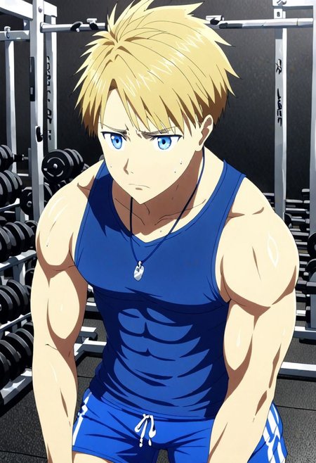 high resolution, solo, best quality, 1Boy, Yamato Ishida, Blond Hair, Blue Eyes, Necklace, Gym Boy, tank top, shorts, exercise, sixpack, gym, OverallDetail