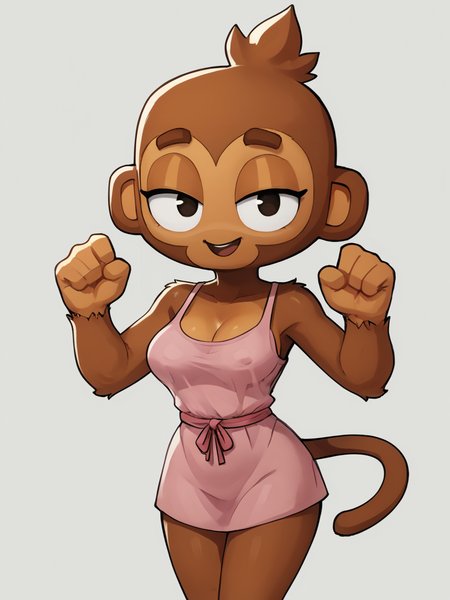 parody,flat color,highres  furry, monkey, btd6, no nose, 1girl,tail, white background,looking at viewer, simple background, solo,breasts, 
, <lora:btdv4:0.8>,nightwear,excited