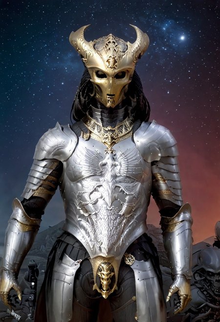 An insanely Detailed Divine Xenomorph, elfish, Golden and silver in color, cyberpunk, a crimson tinge to the golden color, Hyperdetailed, Omnipresent, Beautiful, Sinister overtones, otherworldly,((masterpiece, best quality)), fantasy, solo, 1 alien knight, silver armor chestplate with silver medieval ornaments and runes, galactic night sky background, perfect composition, sidelighting, outdoor,Ornamental armor