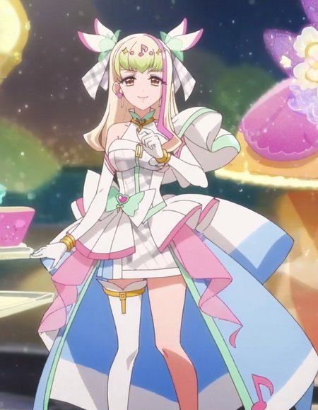 score_9, score_8_up, score_7_up, anime screencap, solo,1girl,curezukyoon, solo, gloves,elbow gloves, jewelry, idol, dress, thighhighs, earrings, musical note, bow, white gloves, smile, looking at viewer, bracelet, hair ornament, single thighhigh, makeup, magical girl,large breasts,<lora:curezukyoon_pony:0.8>