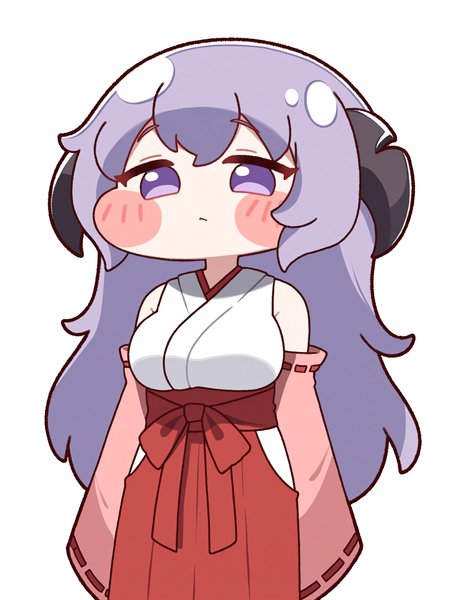 trickcalcg, ((chibi, blush stickers, blush)), 1girl, hanyuu, solo, horns, medium breasts, purple eyes, purple hair, long hair, ((simple background, white background)), japanese clothes, miko, skirt, hakama, hakama skirt, red detached sleeves, red hakama, blush, looking at viewer, upper body, 
(masterpiece, best quality, absurdres, highres, newest:1.2), very awa, 