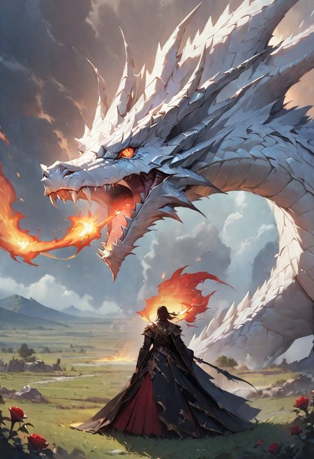 (masterpiece), (best quality), source_anime+, perfect anatomy, HD, 10k Res, digital_media_(artwork) hi_res, intricate, high quality, amazing quality, (noir, fantasy) theme, (1 feral white dragon, breathing fire), (rose, plains), Drestoria-Style_V1