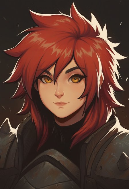 very awa, masterpiece, best quality, hightres, absurdres, pixelPaint, 1girl, red hair, medium hair, spiked hair, yellow eyes, light smile, portrait,   <lora:PixelPaintStylez-IL:1>