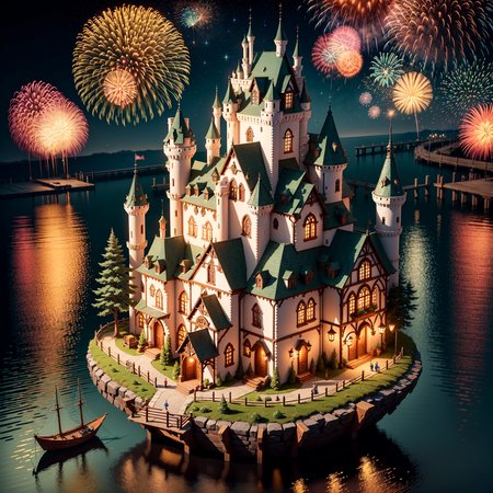 mini\(ttp\), (8k, RAW photo, best quality, masterpiece:1.2), Enchanted castles, shipyards,Colorful fireworks,isometric,  miniature, landscape,Wooden basin,<lora:miniatureWorldStyle_v10:0.8>