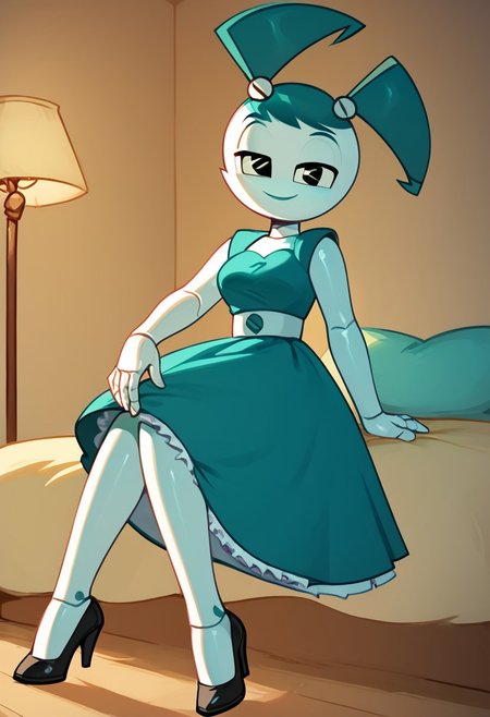 (Masterpiece, best quality:1.2), score_9, score_8_up, flat color, flat shading, soft shading, lighting, Jenny Wakeman as an adult, in a 1950's full length formal blue skirt, a white belt, button down v-neck formal black top, a fluffy frilly ruffled full white petticoat, and black high heels, dress, layered petticoat, frilly petticoat, fluffy petticoat, full petticoat, detailed petticoat ((wide skirt, detailed outfit, flowing skirt, long skirt, solid blue colored skirt, black high heels)), blue hair, series accurate, cute, best high quality, high res, robot, humanoid robot, medium breasts, whole body shot, 1girl, ((solo, inside, in a romantic bedroom, sitting on the bed, sitting, bent knees, looking at you, low angle)), cute, seductive, seductive smile, half lidded eyes, low angle shot, cartoon, cartoon style, vector, solo, circle dress, 1950s, whisperfoot_style, dance dress jenny, jenny wakeman, 1girl, solo, robot joints, black eyes, white skin, ponytail, hair bow, blue rose chest corsage, poofy dress, blue hair, flat lighting