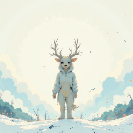A vast, endless white expanse stretches in all directions, pure and unbroken, as if the world has been stripped down to its essence. In the middle of this void stands an animal, solitary and surreal. Its form is simple yet otherworldly, blending sharp details with abstract touches. Its coat—or feathers, or scales—shimmer with a pearlescent sheen, reflecting soft hints of color: faint golds, silvers, and pastel blues that seem to shift and dissolve in the light.
The animal’s pose is both deliberate and enigmatic, as though frozen mid-motion or caught in a moment of profound thought. Its shadow stretches impossibly long across the white surface, fading into the distance like a whisper. Around it, the void is almost tangible, the emptiness pressing inward, creating an aura of quiet significance around the creature.
Above, the sky is barely distinguishable from the ground, a pale, glowing expanse that hints at infinity. A single, faint mark—perhaps a crescent moon or the outline of an eye—hovers far above, a subtle, symbolic presence in the overwhelming blankness.
The scene is serene yet charged with meaning, the animal a lone figure in a world of quiet potential, where every movement and shadow feels like part of a story yet to be written.