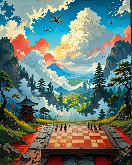 Utagawa Hiroshige: (ukiyo-e woodblock), (flat perspectives), (seasonal motifs), (vivid nature palettes),Solar protocol dusk syncing smart cities, Summer heat mirages showing temporal echo landscapes Giant's chessboard valley with marble pawns under Hardware rust storm oxidizing drone swarms conditions, illuminated by Neural dust illumination in brain-cloud interfaces,  beneath Cirrus uncinus homogenitus from climate engineering drones ,
<lora:extremely_detailed:0.65> extremely detailed,
<lora:Flux-XL_Scenery:0.45> flux-scenery, 
<lora:add-detail-xl:0.35>,
 <lora:DetailMaximizer:0.5>, 
<lora:MidjourneyV6.1:0.65> midjourneyv6.1,
 <lora:Dream Scenery XL:0.3> Dream Scenery,
 detailxl