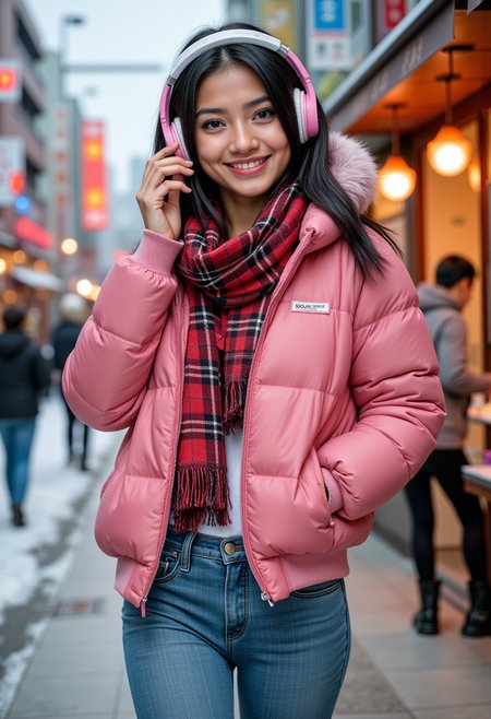 Hyperrealistic,  she is smiling, dynamic angles, multiple angles,She is looking at the camera, photoshoot poses;   A photo of Anong, a young woman with black hair, She is wearing pink and white headphones, a pink jacket zipped closed, a red and black checkered scarf, blue denim jeans, with black boots,  she is posing for the camera.  she is walking in the snow, on a sidewalk, in a beautiful Tokyo Japan, past store fronts, In the daytime, and it's snowing outside; the scene is set in a beautiful well-lit environment, with a sense of action and adventure. listening to her music. she is posing for the camera with a smile on her face.  Style: realistic hyper-detailed rendering, 32k UHD, expressive eyes, punk, graphic design, girl's face, pretty and cute, gleaming lips, telling a tale of adventure. Exuding confidence and serenity. The overall mood of the image is happy and relaxed,detailed skin texture,(blush:0.2),(goosebumps:0.3),subsurface scattering,with a playful and whimsical tone, perfect hand, hand, detailed hand,retro50s_style,