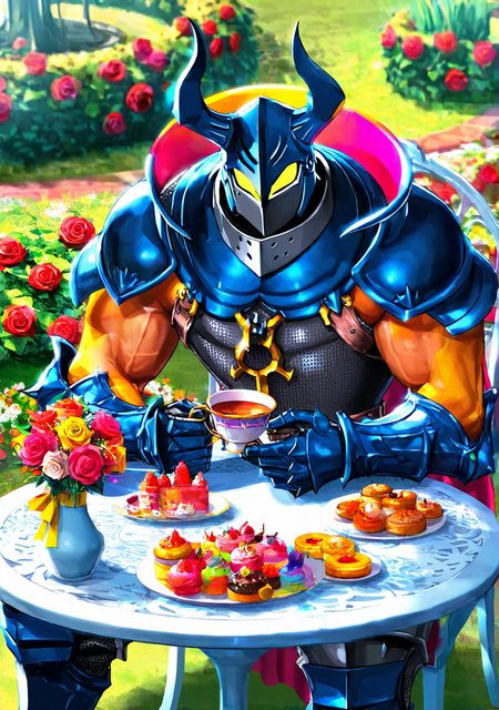 wrsdm, vivid contrast, bright colors, colorful, FMIXFT, radiant details, GOHAGO, 1boy, very muscular, bare arms, pauldrons, horned helmet, glowing eyes, yellow eyes, gorget, full armor, codpiece, gauntlets, greaves, rose garden, sitting, pastry, holding teacup, table, from the side, looking at viewer, sunny, outdoors,

masterpiece, best quality, amazing quality
