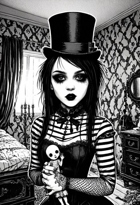 drawing, gothic, digital illustration, flat colors, line art, heavy film grain, black and white, 18 year old pretty goth girl, top hat, holding cracked porcelain_doll, bedroom,   sexy, creative angle, sexy poses