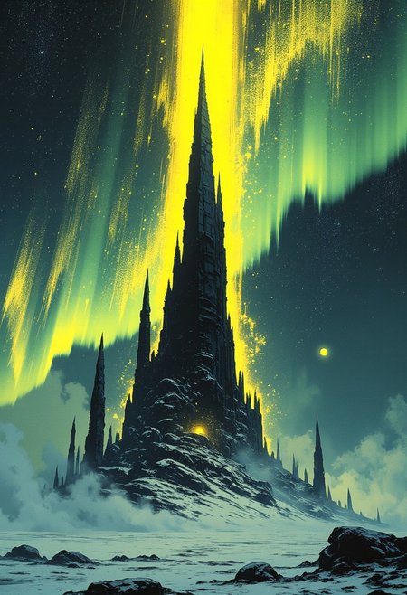 mythp0rt, ArsMJStyle, A surreal and atmospheric fantasy landscape featuring a towering, jagged black spire that pierces the heavens, emitting a radiant golden beam of light at its peak. The spire stands amidst a desolate, frozen wasteland shrouded in low-lying mist, with smaller rocky outcroppings scattered around. The vast sky above is filled with shimmering auroras in hues of gold and green, weaving across a starry night. A distant moon hangs low on the horizon, adding a sense of vastness and mystique. The camera angle is low and wide, emphasizing the immense scale of the spire and its celestial beacon. The scene is illuminated by soft, cold light from the icy ground, contrasting with the warm glow of the auroras and the beam of light. illuminating the scene.