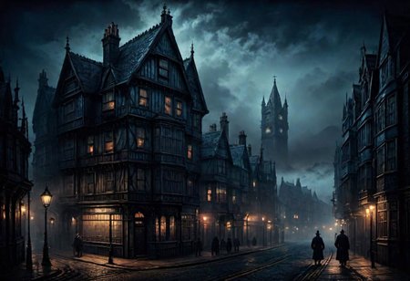 a landscape of a UK town, coast city,,
dark ambient, horror vibe, blueish fog, victorian epoch, 
Lovecraft theme,  
masterpiece, highly detailed,
EdobHorrorLandscape,
OverallDetail,