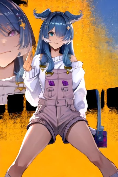 solo, 1girl, solo_focus, (((masterpiece))), ((best quality)), ((ultra-detailed)), high resolution, absurdres, highres, ultra-detailed 8k unity wallpaper, 
elira1st, long sleeves, overalls, white sweater, off shoulder, grey gloves, one eye covered, overall shorts