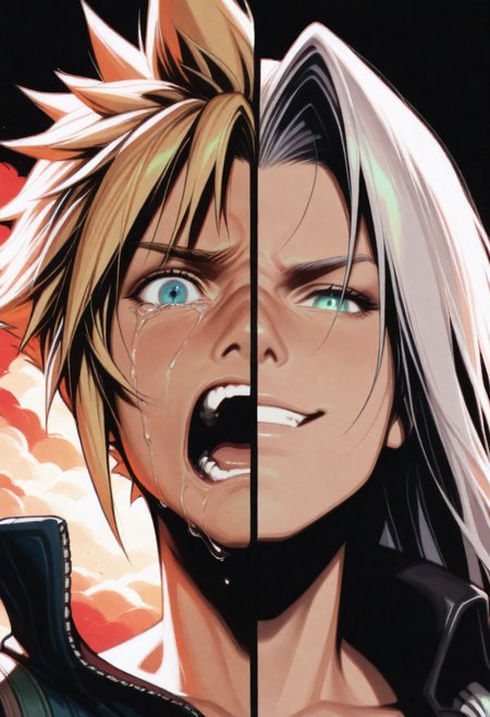 HDR, 8K, high contrast, masterpiece, best quality, amazing quality, very aesthetic, realistic, newest, volumetric lighting, (artist:incase:0.5), (artist:tsuaii:0.5), (flat colors:1.1), 1man, 1boy, SplitScreen, split screen, upper body, Cloud Strife(final fantasy 7), enraged, screaming, crying, action shot, looking at the viewer, (sword slash:0.8)   <lora:ponyv4_noob1_2_adamW-000017:0.45> <lora:SplitScreen_illusXL_Incrs_v1:1>
HDR, 8K, high contrast, masterpiece, best quality, amazing quality, very aesthetic, realistic, newest, volumetric lighting, (artist:incase:0.5), (artist:tsuaii:0.5), (flat colors:1.1), 1man, 1boy, SplitScreen, split screen, upper body, Sephiroth(final fantasy 7), smirk, smiling, action shot, looking at the viewer, (sword slash:0.8)   <lora:ponyv4_noob1_2_adamW-000017:0.45> <lora:SplitScreen_illusXL_Incrs_v1:1>