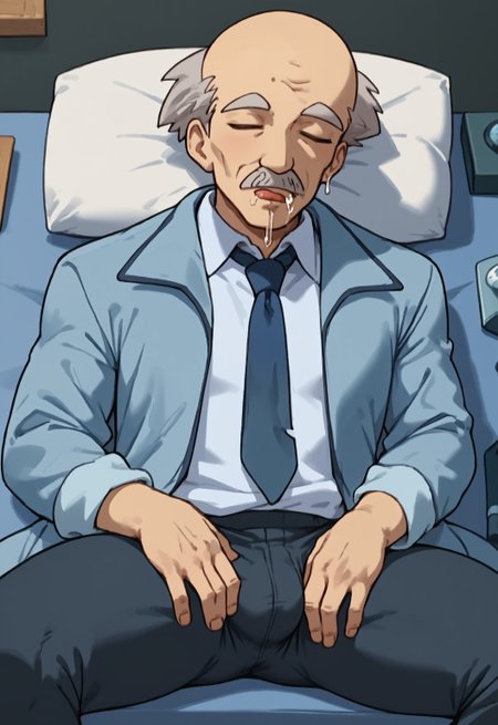 safe_pos, safe_pos, score_9, score_8_up, score_7_up, rating_nsfw, ultra hd, absurdres, solo, 1boy, masterpiece, best quality, best aesthetic, Expressiveh, wolfconf,

PokemonBenjamin, bald with grey hair, mustache, closed eyes, blue necktie, light blue shirt with jacket, lab, sleeping, legs spread, big bulge, drooling