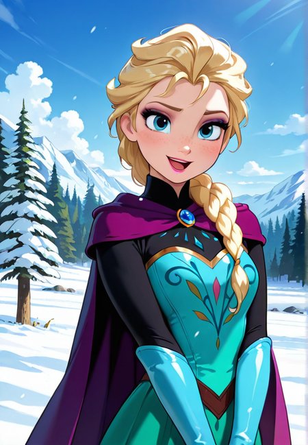 masterpiece, best quality, amazing quality, very aesthetic, absurdres,  newest, detailed background, cowboy shot, forest, snow, sky, clouds, wind, dynamic angle
elsadisney, solo, looking at viewer, short hair, blue eyes, blonde hair, gloves, upper body, single braid, purple cape, lips, makeup, lipstick, brooch, eyeshadow, freckles, blue gloves, elbow gloves, green skirt, hair over one shoulder, single braid, long hair, hair over shoulder, smile, open mouth, 1girl
 <lora:Elsa_-_Disney_Illustrious-000006:1>