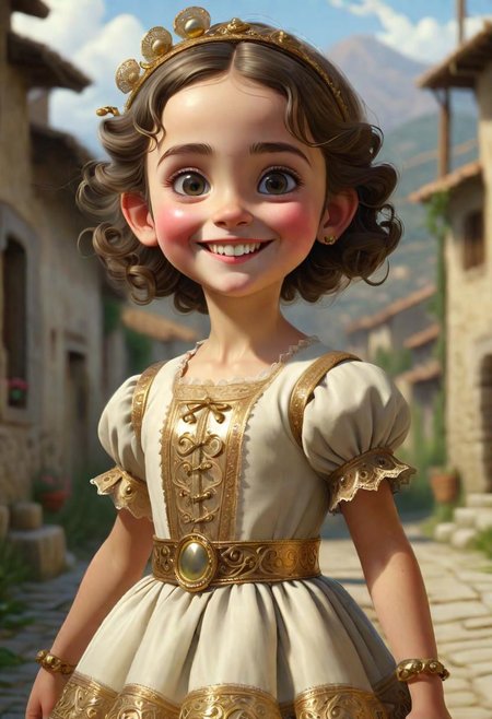 (((masterpiece:1.7))), (((randomly picked cute female child_1.8))), (smiling and happy:1.5),  (full-body shot:2), (randomly picked traditional female costume of Calabria from Arbereshe Community), filigree, 8k, cartoon digital illustration, cute big pixar reflective eyes, unreal engine cinematic smooth, dreamlike, intricate detail, oil on canvas by Mark Ryden, golden ratio, perfect composition, UE5, trending on artstation and cgsociety, soft natural volumetric cinematic perfect light, award-winning photograph, by Anno1313 art style, --chaos