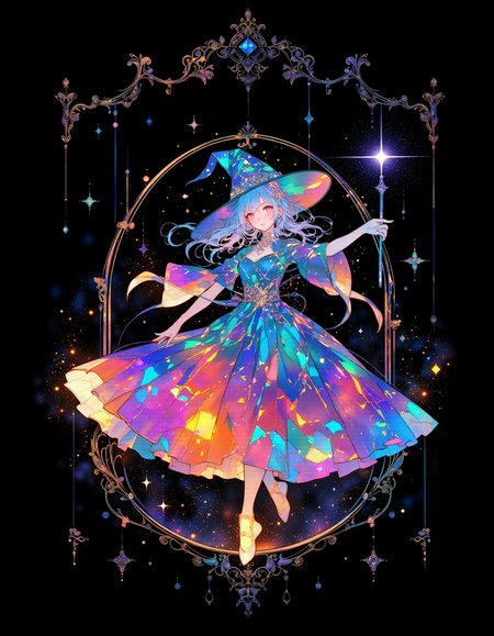 lyh_niji,  vibrant reflective holographic drawing in the style of ckhg, Alphonse Mucha Style, Art Nouveau Poster art  of  silhouette of a witch wear witch's hat holds a magic wand and walks on tiptoe like a rhythmic gymnast
delicate features
cracked light , smokey haze in floating
Illustrations with clear lines in a well-designed posters design, black background
<lora:ck-holographic-glitter-000015:0.5><lora:Alphonse Mucha Style:0.6>