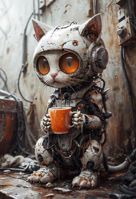 (Robot) (Utopa city)
photo-realistic,
higly-detailed,
cat wearing a futuristic space suit,
serious expresssion
a orange and white kitty sipping a mug of hot coffee holding it with it's two front paws,
lapping up the coffee as if it were drinking water,
light green eyes,
