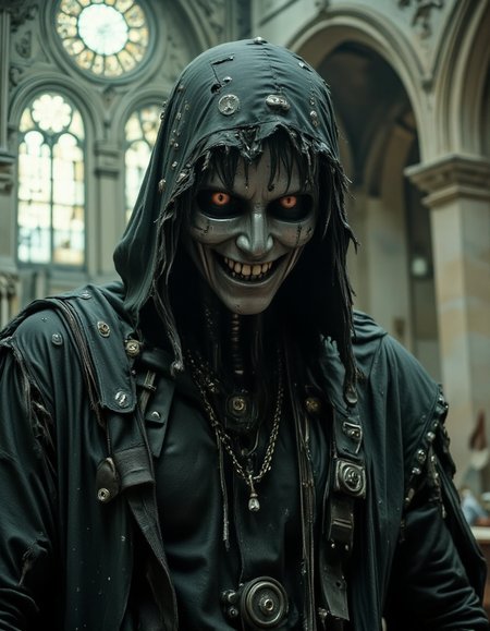 Dark Fantasy, hooded warlock, ancient cathedral ruins â A figure stands shrouded in a tattered, deep-black hood, the heavy fabric draping over its angular shoulders like the remains of a forgotten executionerâs robe. The cloth is adorned with faded arcane symbols, barely visible beneath layers of dust and decay. Its face is eerily smooth, a polished mask of aged silver, reflecting the cold moonlight filtering through shattered stained-glass windows. The mouth, however, is disturbingly human, lined with eerily perfect teeth, ral-rbotth, frozen in a lifeless, unsettling grin. From the edges of the hood, strands of brittle, mummified hair hang lifelessly, swaying slightly as a cold wind moves through the ruins.
<lora:ral-rbotth-flux:0.8>  <lora:dark-fantasy-flux:1>