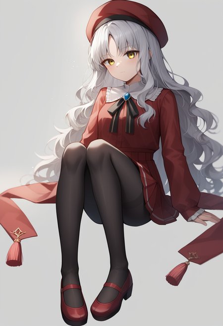 score_9,score_8_up,score_7_up,<lora:fate_hollow_ataraxia_all:1>,1girl, beret, black_pantyhose, caren_hortensia_\(amor_caren\)_\(second_ascension\), closed_mouth, long_sleeves, pleated_skirt, protected_link, red_footwear, red_hat, red_skirt, simple_background, sitting, solo, tassel, very_long_hair, wavy_hair, white_background, white_hair, yellow_eyes