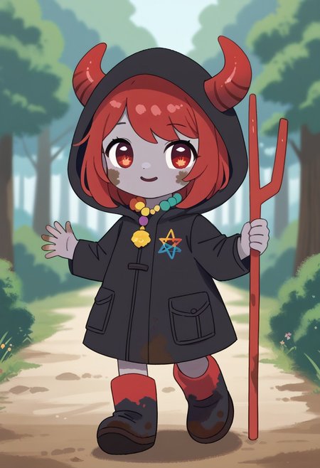 score_9, score_8_up, score_7_up, BREAK
highres, highly detailed, high resolution, high quality, 
source_anime, anime screencap, saturation, vivid colors, 
1girl, solo, luce, full body, standing, demon girl,
(dark red hair:1.2), (big dark red eyes:1.1), medium hair, cute, (grey skin:1.1), (horns:1.2), 
(long black raincoat:1.1), dirty black rubber boots, 
pentagram on the neck, holding red trident, 
pikaole, cute, bokeh,
blurry background, forest background, path