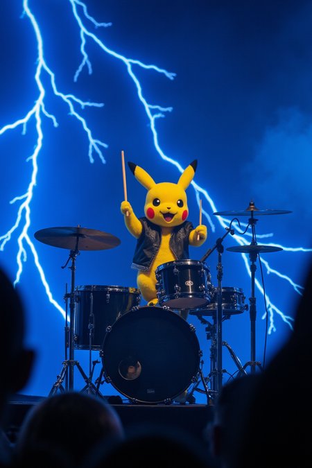A dimly lit concert stage with a pulsing electric blue backdrop and strobe lights casting an otherworldly glow. Pikachu, dressed in a miniature rockstar outfit, sits atop a drum kit, sticks held high as it begins to play a frenetic rhythm. Lightning effects crackle and pop around the drums, illuminating Pikachu's bright yellow fur. The air is charged with anticipation as the crowd cheers on this electrifying performance.
